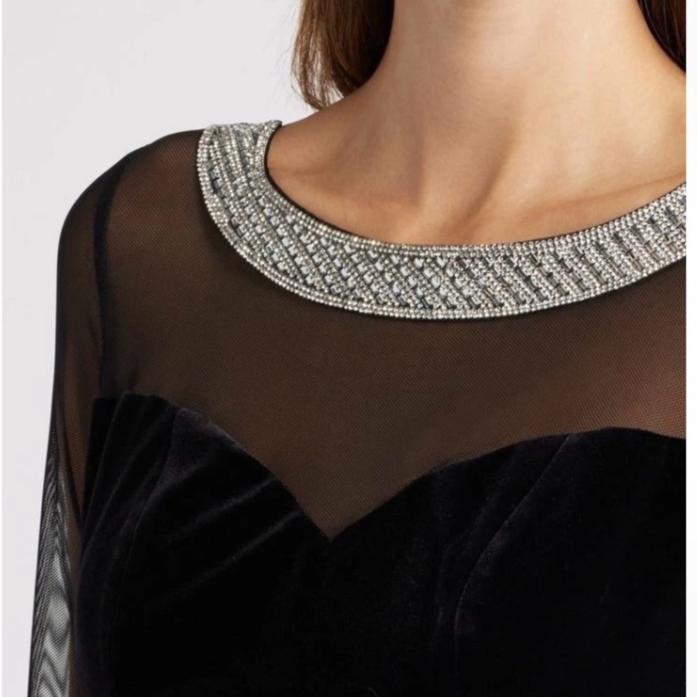 Alex Evenings Women's Black Velvet Mesh Illusion Sleeves & Side Ruching, 10P - Picture 3 of 10